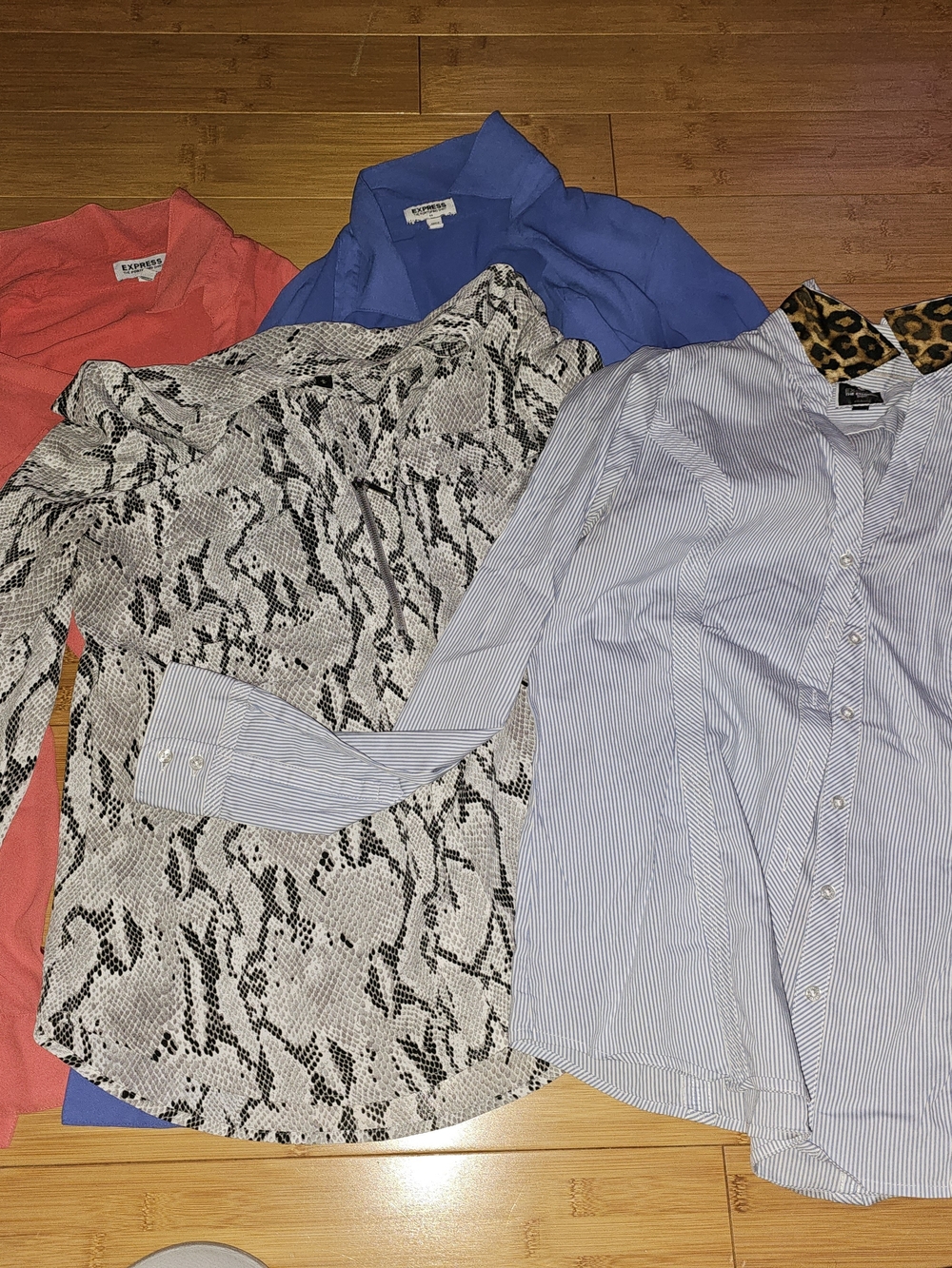 Mixed Women's Blouse Bundle - Coral, Royal Blue, Snake Print, Light Blue Stripe